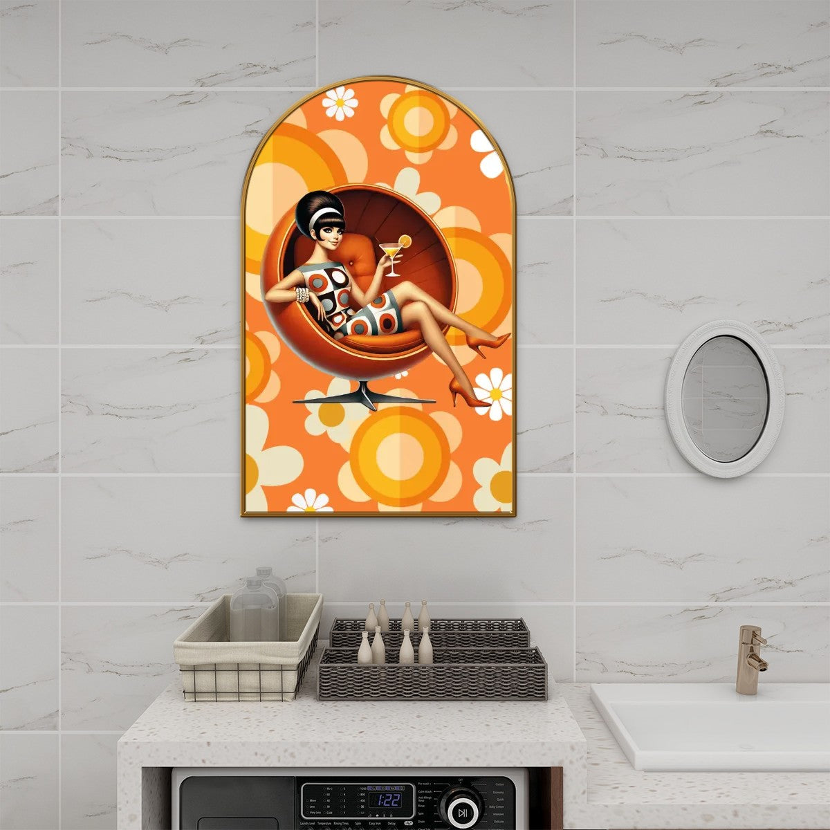 Flower Power 60s 70s Mod Gal In Retro Egg Chair Kitschy Mid Century Modern Arc Wall Art - Mid Century Modern Gal