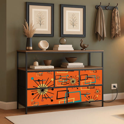Mid Century Modern Sinatra Orange, Starburst, Geometric Funky Fun TV Stand Media Console - Mid Century Modern Gal