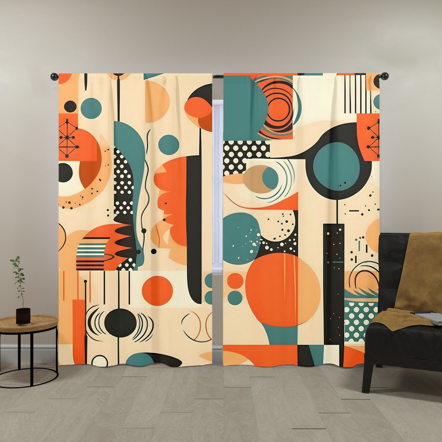 Mid Century Geometric Abstract Orange, Teal, Black Cream Bauhaus Designed Window Curtains (two panels)