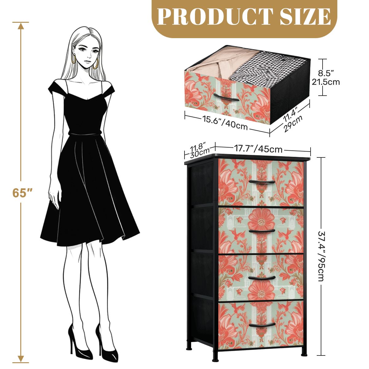 Chinoiserie Elegant Floral, Coral, Green 4-Drawer Dresser - Mid Century Modern Gal