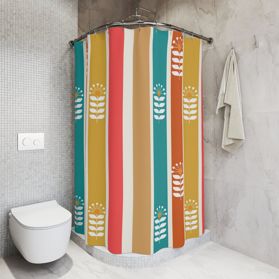Retro Floral Scandinavian Mid Mod Boho Floral Shower Curtain - Colorful Striped Design for Vibrant Bathrooms - Mid Century Modern Gal