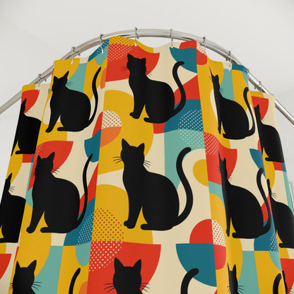 Pop Art Black Atomic Cats, Red Yellow Blue, Shower Curtain - Mid Century Modern Gal