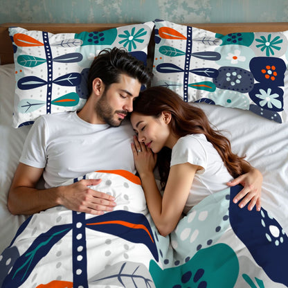 Scandinavian Floral Mid Century Modern Nordic Danish Blue, Teal Orange Queen Duvet Cover Set - Mid Century Modern Gal