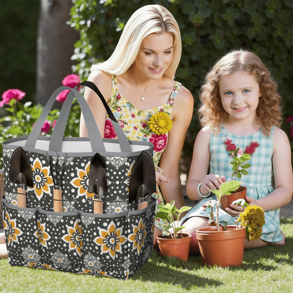 Floral Bohemian Retro Gray Yellow Modern Garden Tool Bag - Mid Century Modern Gal