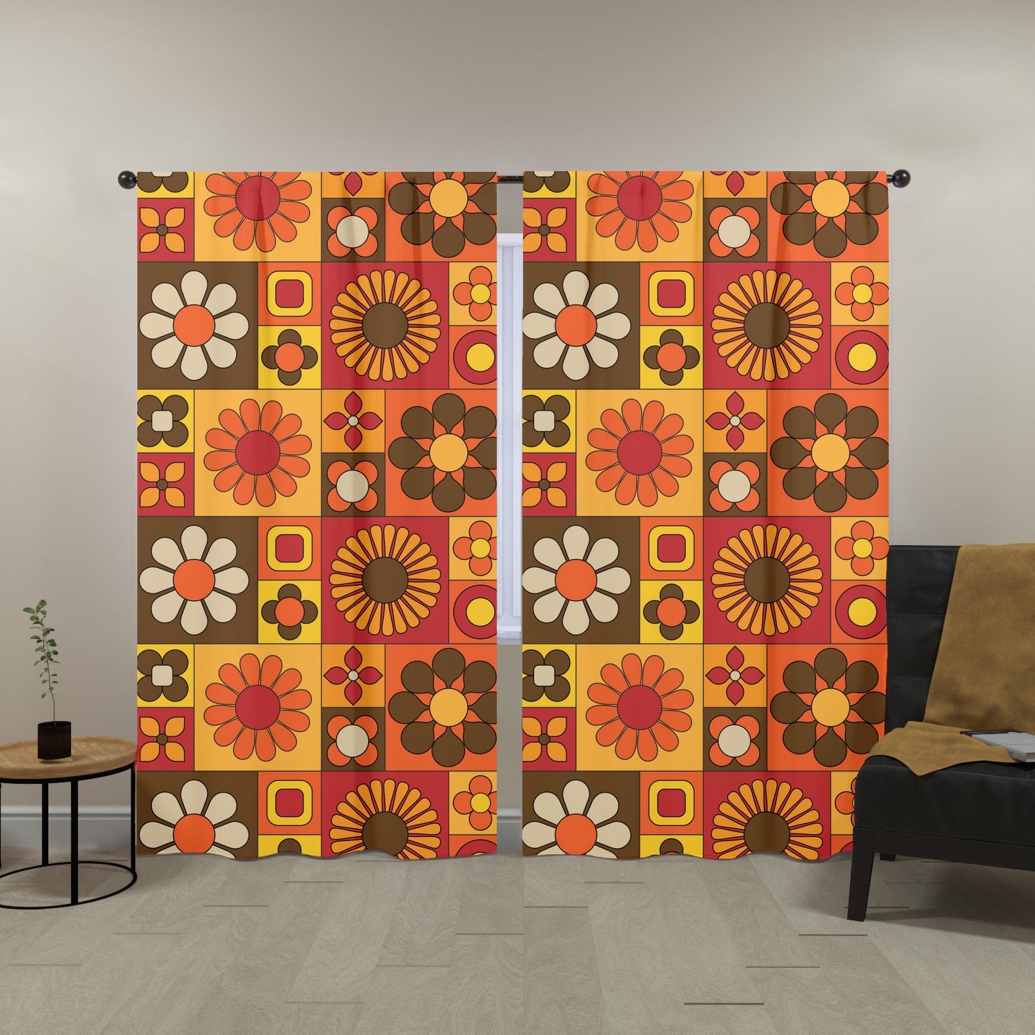 70s Flower Power Retro Orange Brown Yellow Mid Mod Window Curtains (two panels) - Mid Century Modern Gal