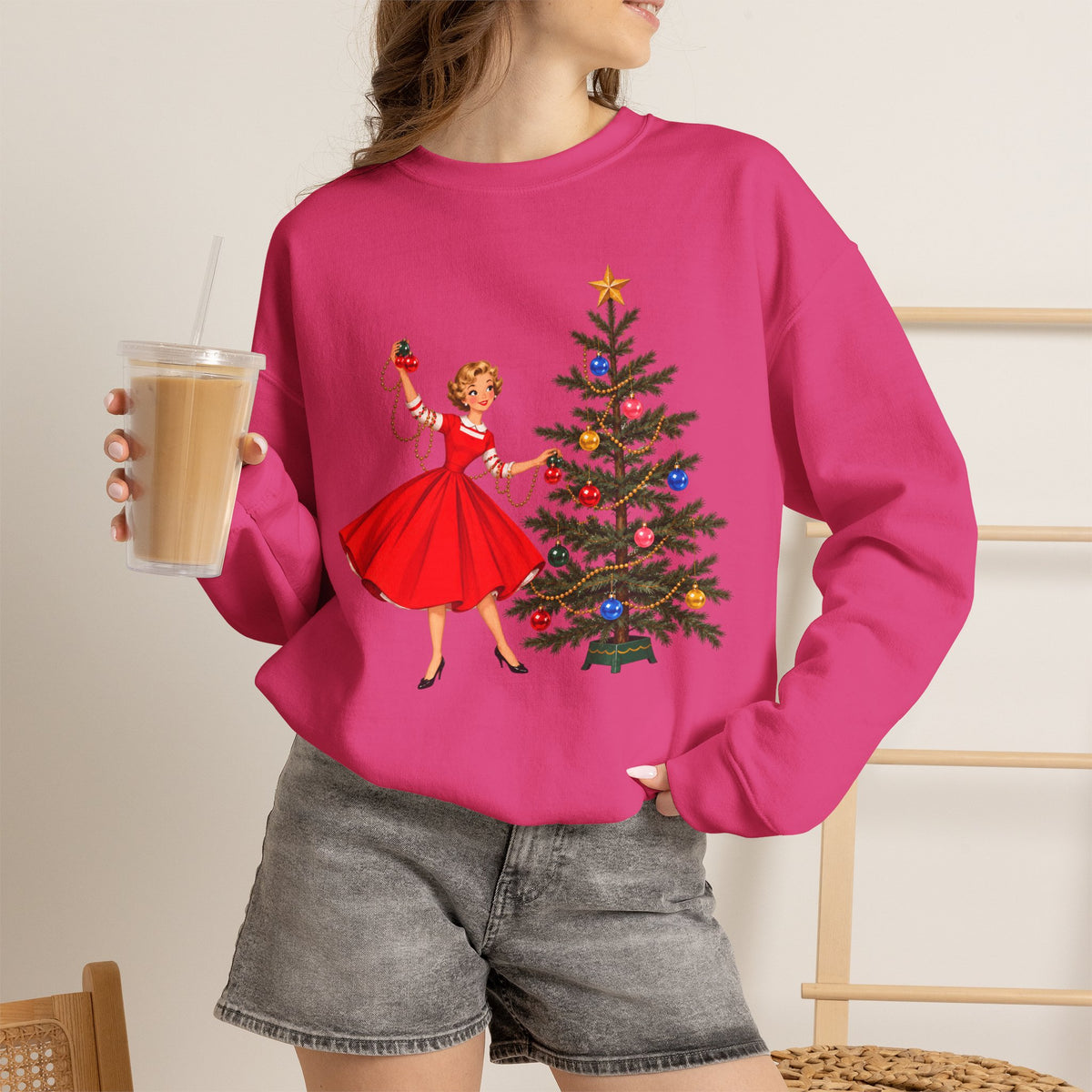 Mid Century Modern Gal Decorating Christmas Tree Unisex Heavy Blend™ Crewneck Sweatshirt - Mid Century Modern Gal