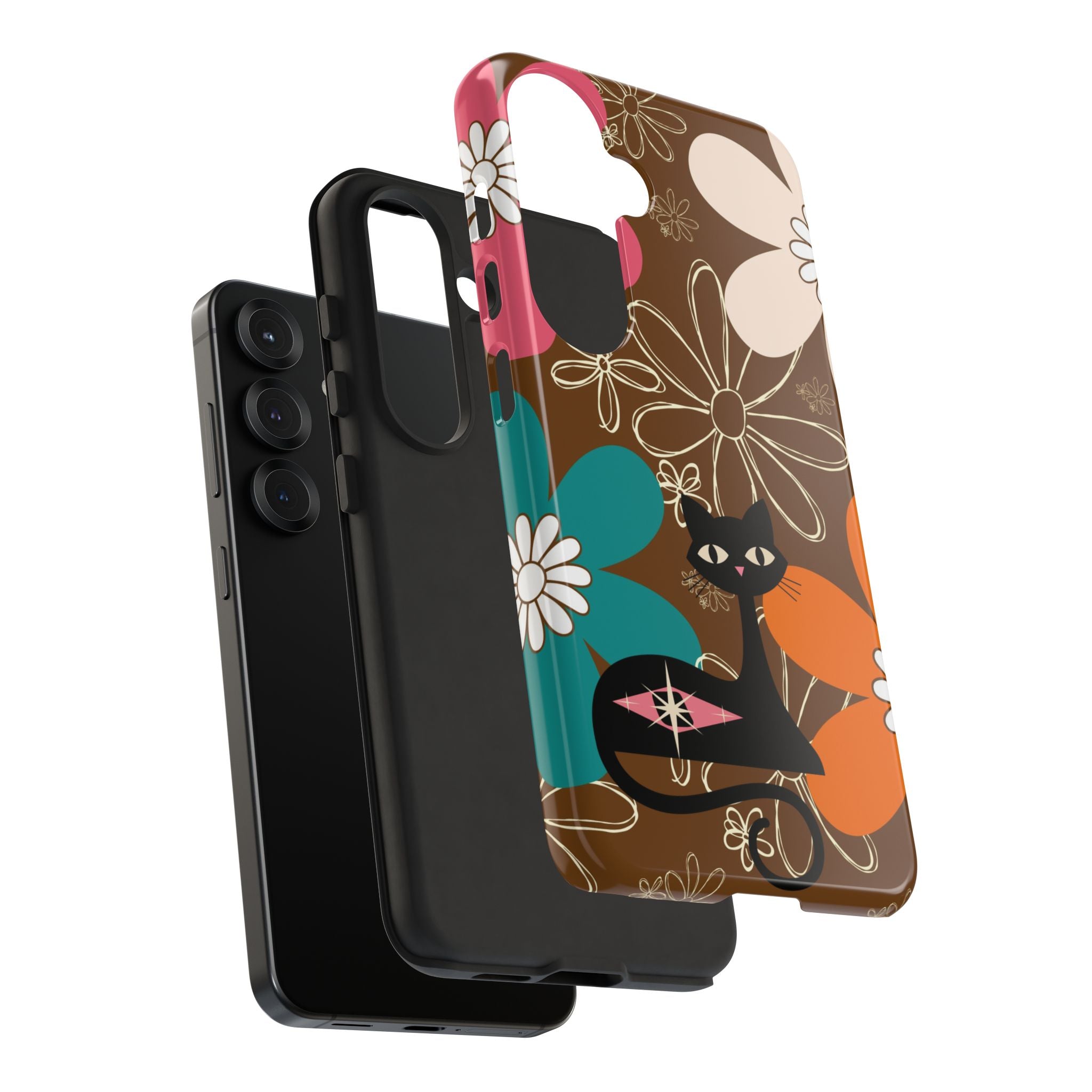 Atomic Cat Retro 70s Vibe Flower Power Tough Cases: Cute Floral and Cat Phone Case for Cat Lovers