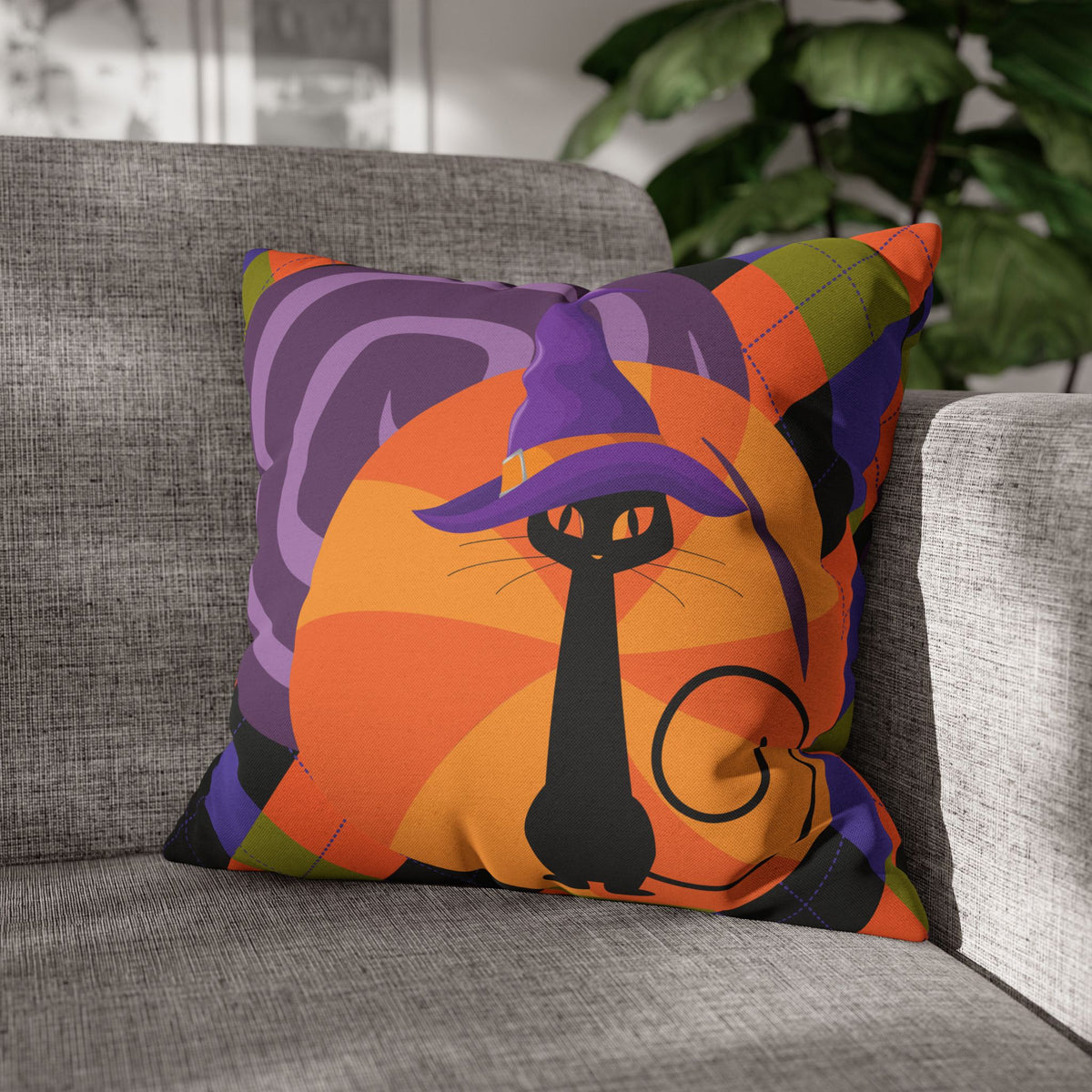 Atomic Cat Harlequin Pattern Orange Purple Black, Kitschy Halloween Pillow Cover - Mid Century Modern Gal