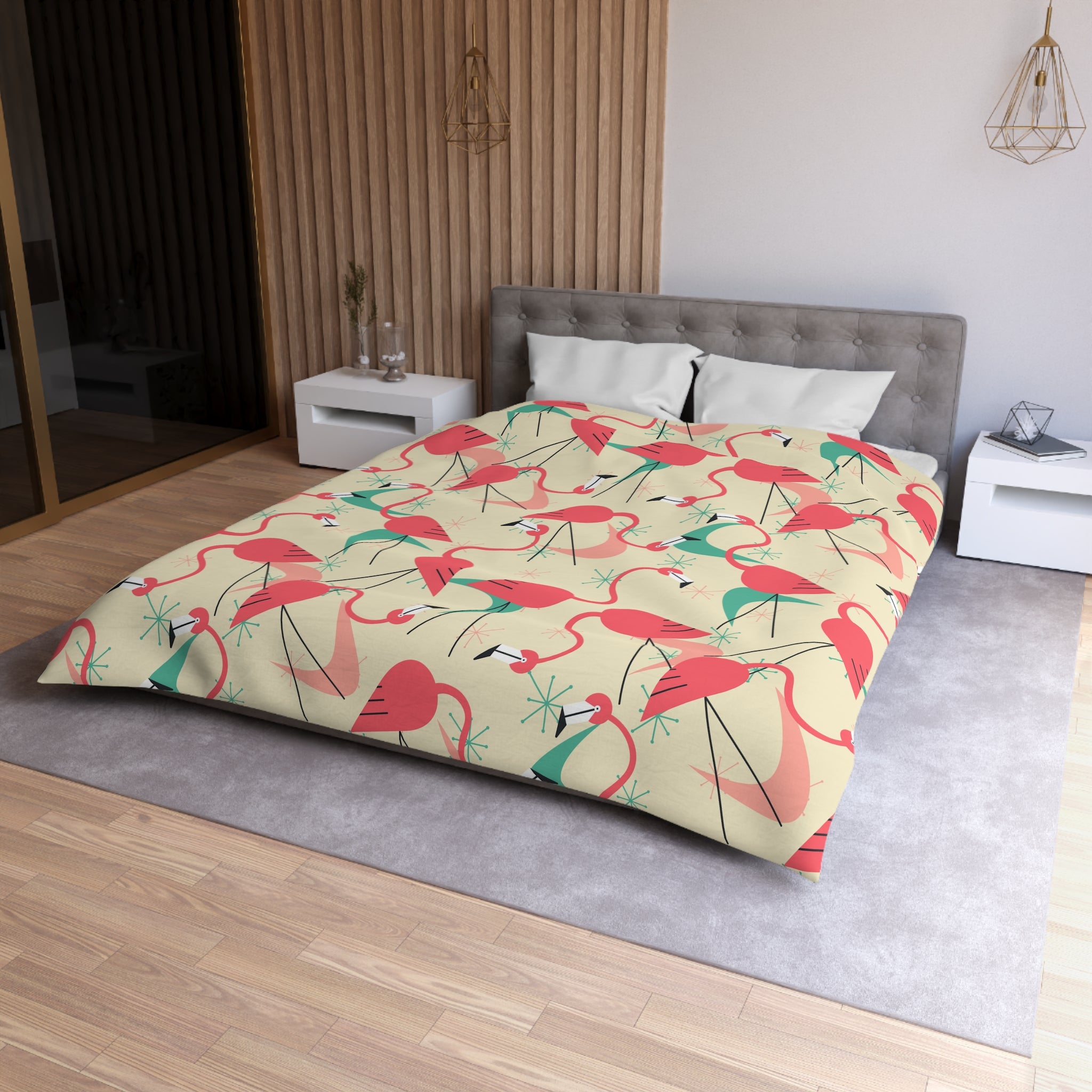 Palm Springs California Kitschy Quirky Dancing Tropical Flamingos Duvet Cover - Fun Summer Bedding - Mid Century Modern Gal
