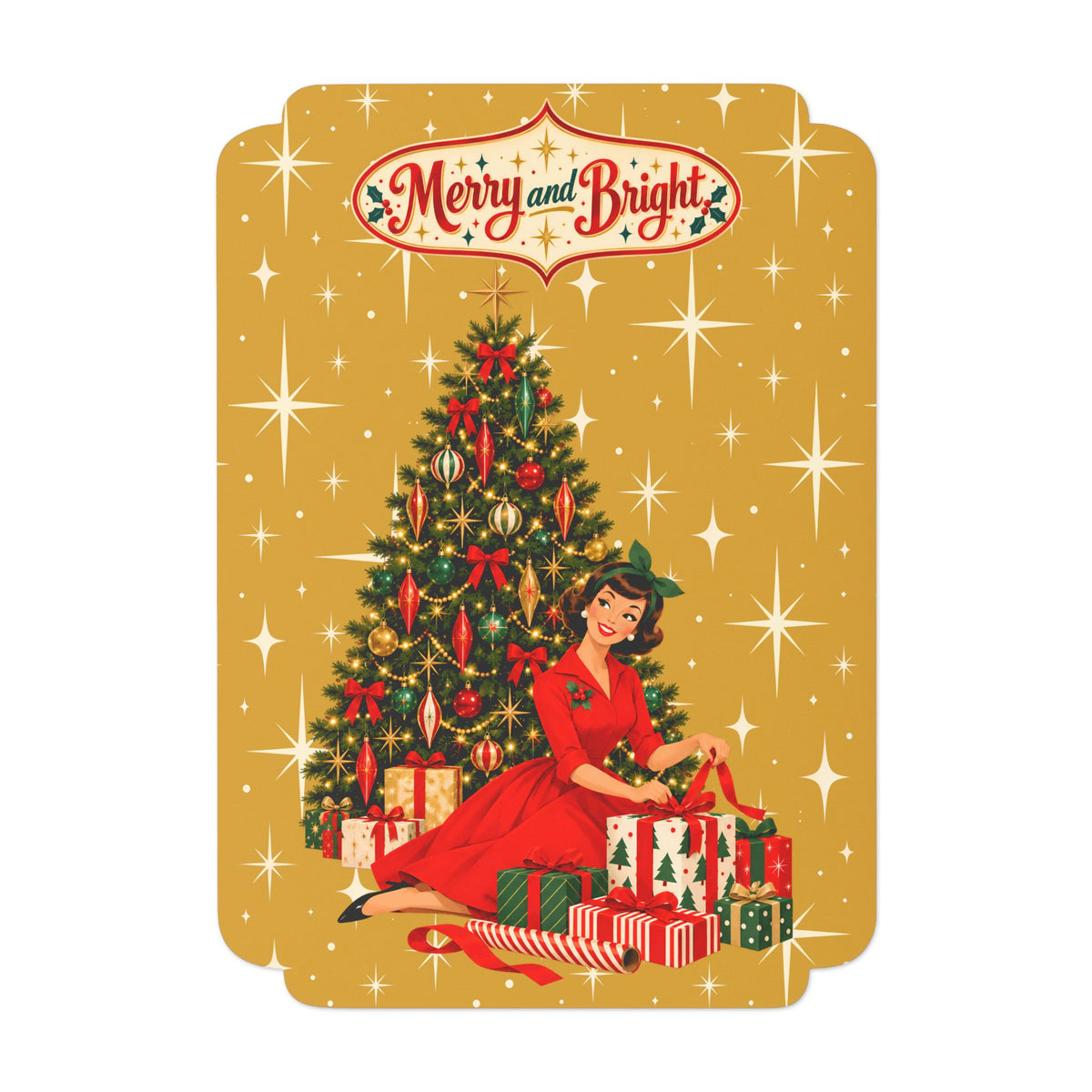 Mid Century Modern Christmas Glamour Gal Wrapping Presents by Tree, Gold Atomic Starbursts Flat Postcard Style Christmas Greeting Cards