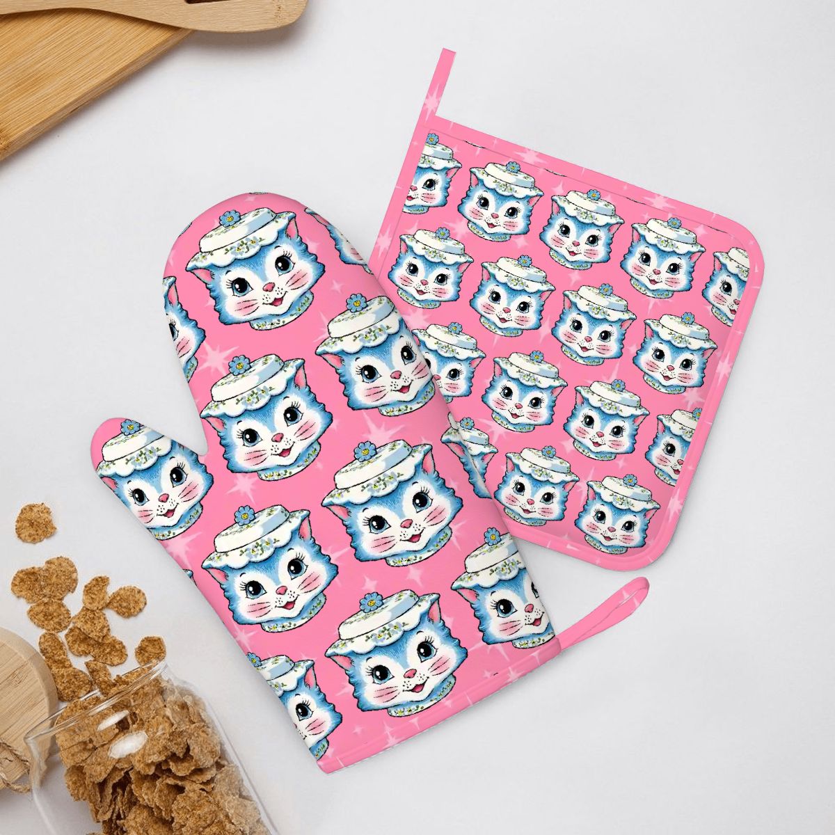Mid Century Modern Kitschy Anthropomorphic Blue Cat with Floral Hat Silicone Oven Mitts and Pot Holders Sets (Right) - Mid Century Modern Gal