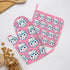 Mid Century Modern Kitschy Anthropomorphic Blue Cat with Floral Hat Silicone Oven Mitts and Pot Holders Sets (Right) - Mid Century Modern Gal