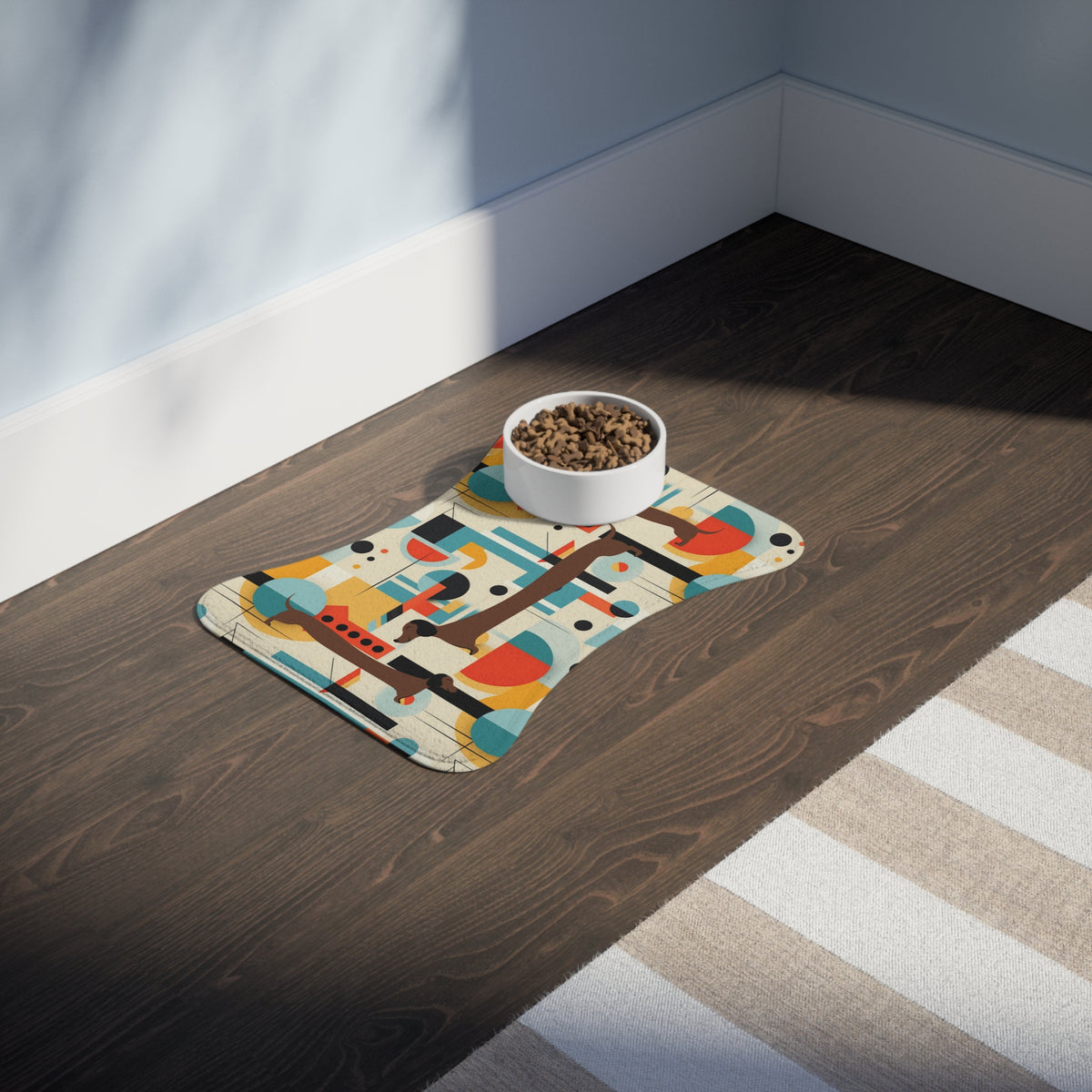 Doxie Dog, Wiener Dog Lover, Mid Mod Bauhaus Designed Pet Feeding Mats - Mid Century Modern Gal