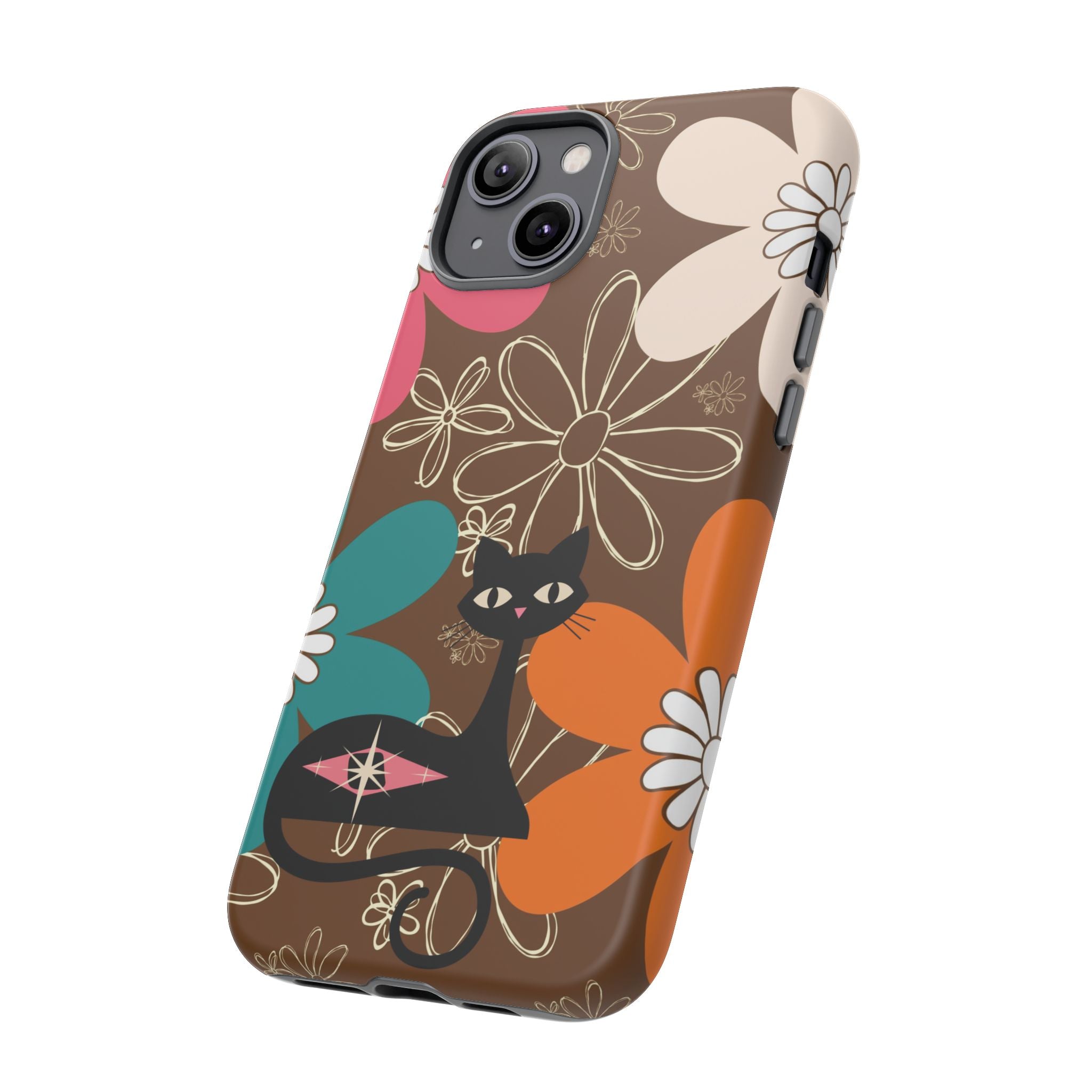Atomic Cat Retro 70s Vibe Flower Power Tough Cases: Cute Floral and Cat Phone Case for Cat Lovers