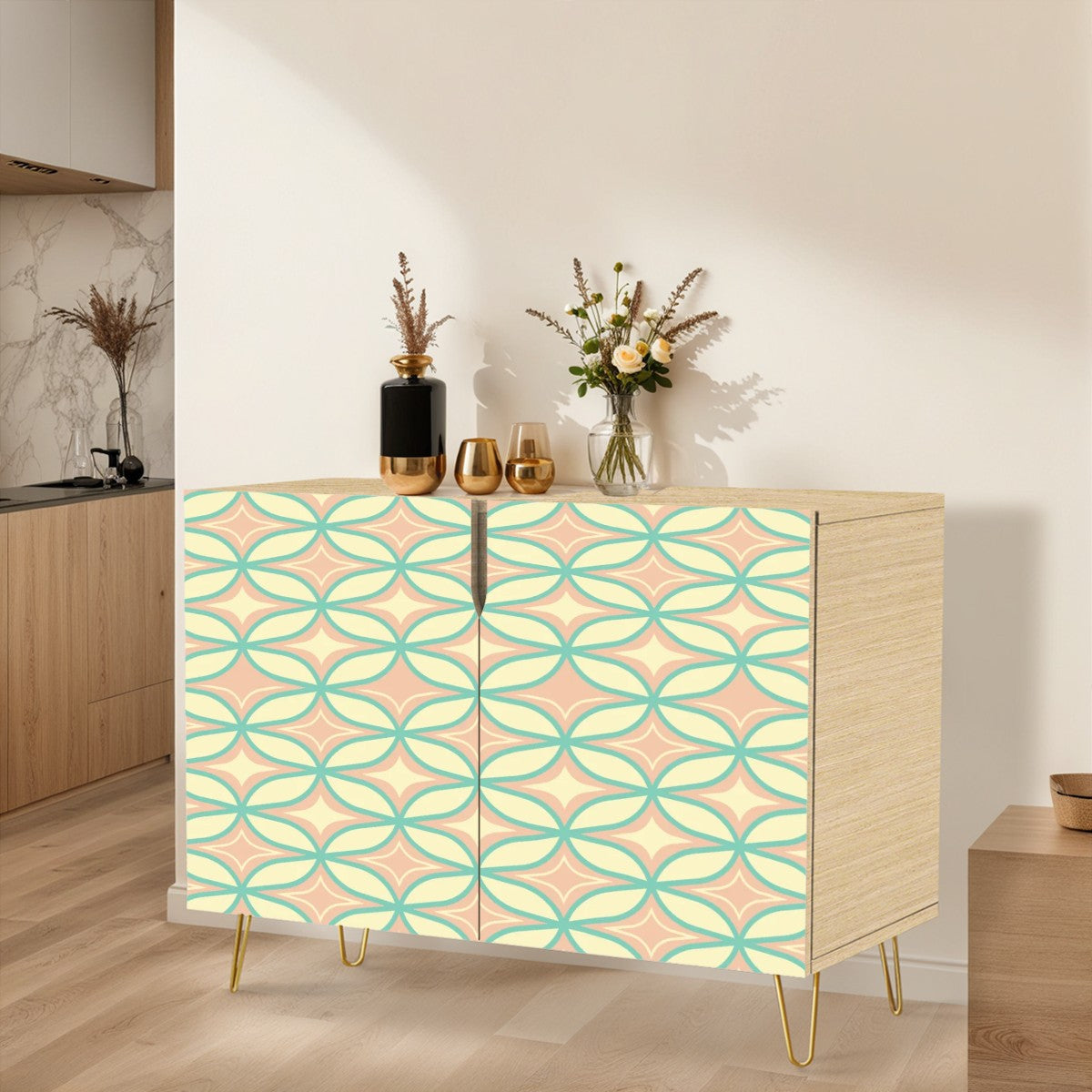 Mid Century Modern Sideboard, Starburst Diamond Pink, Mint Green, Wooden Storage Cabinet - Mid Century Modern Gal