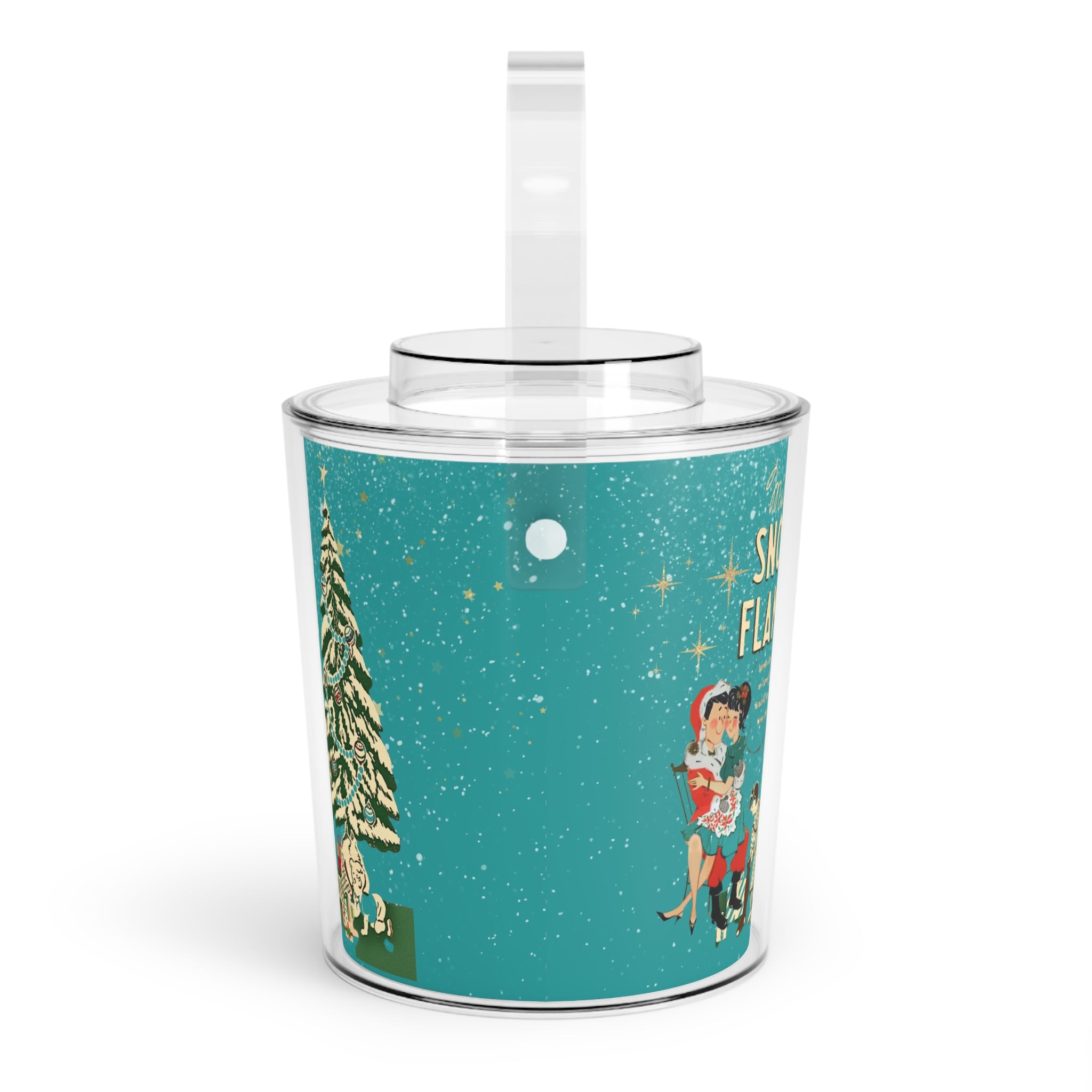 Mid Century Modern 50s Kitschy Christmas, Mica Snow, Holiday Kitsch Ice Bucket with Tongs By MCM GAL