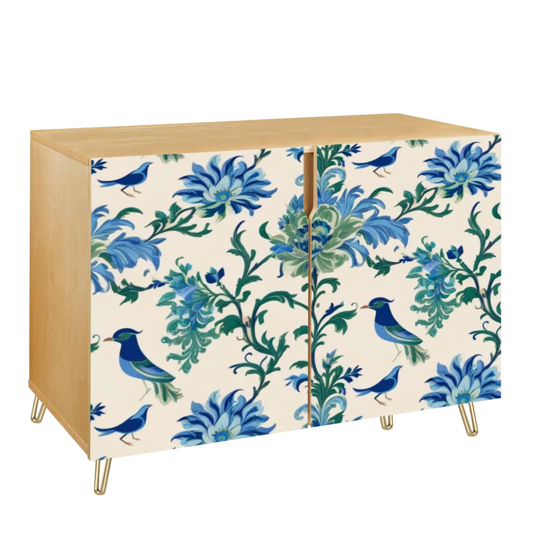 Chinoiserie Sideboard Cabinet, Blue Birds, Floral Design Green, Blue Wooden Storage Cabinet - Mid Century Modern Gal