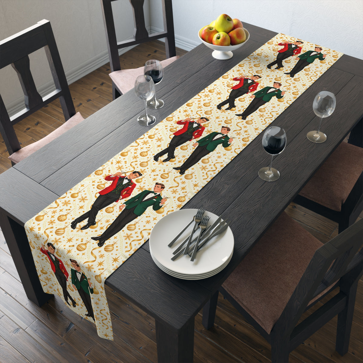 Mid Century Modern Christmas Martini Dapper Gay Male Couple Table Runner