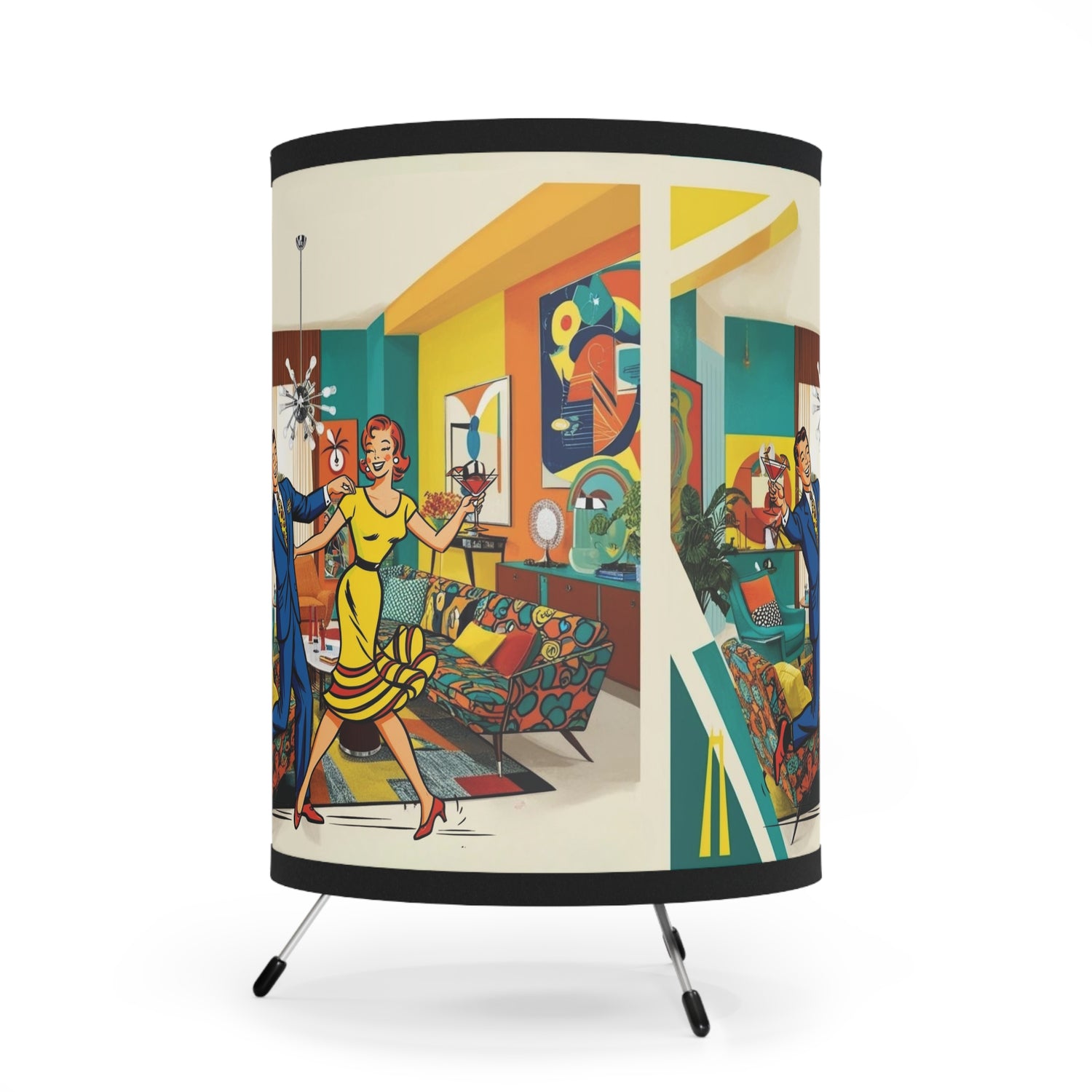 Atomic Cocktail Hour, Mid Century Modern Barware Retro Dance Tripod Lamp with High-Res Printed Shade - Mid Century Modern Gal