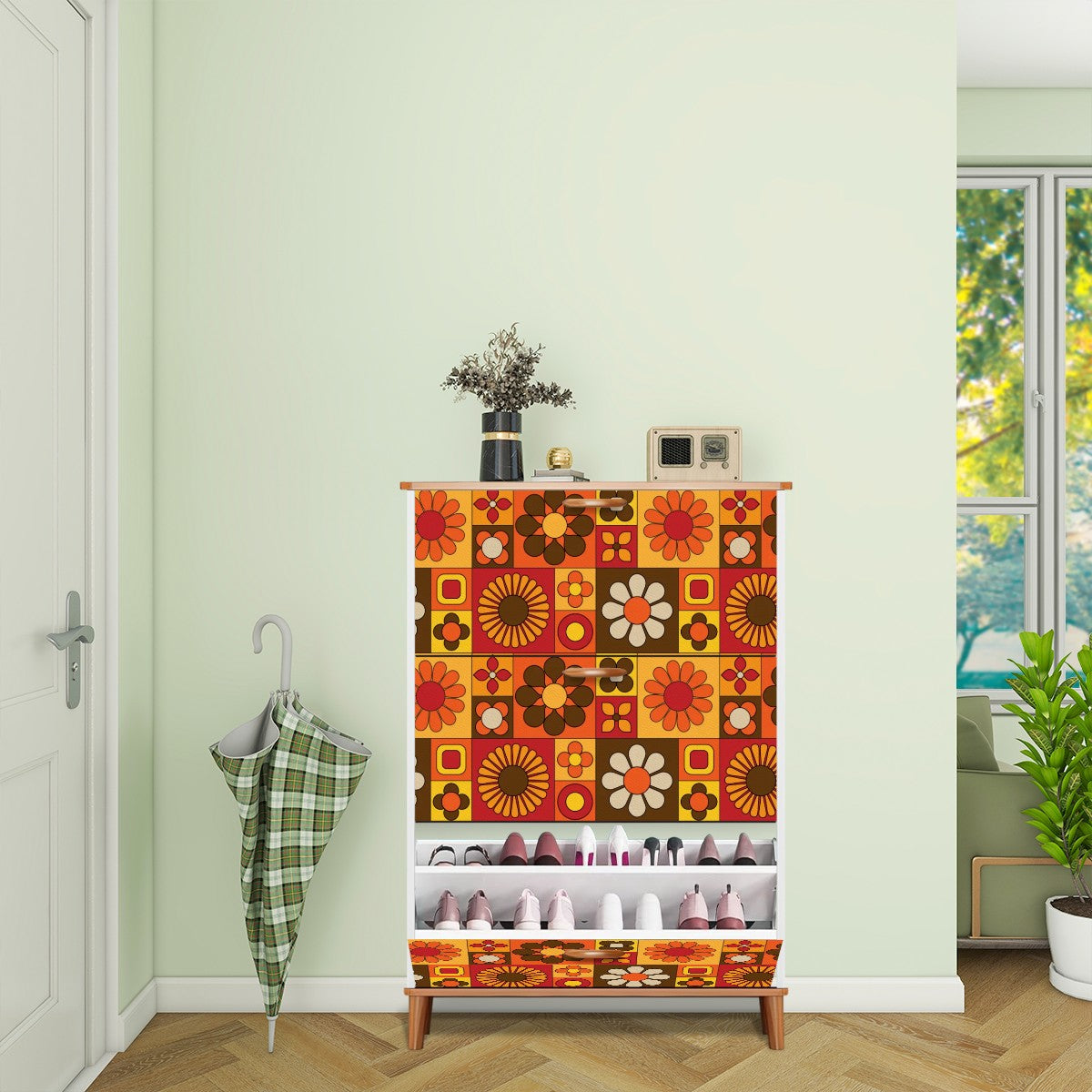 Retro 70s Mod Floral Orange Brown Yellow Mid Mod Hip Mudroom Storage Solution Shoe Cabinet - Mid Century Modern Gal