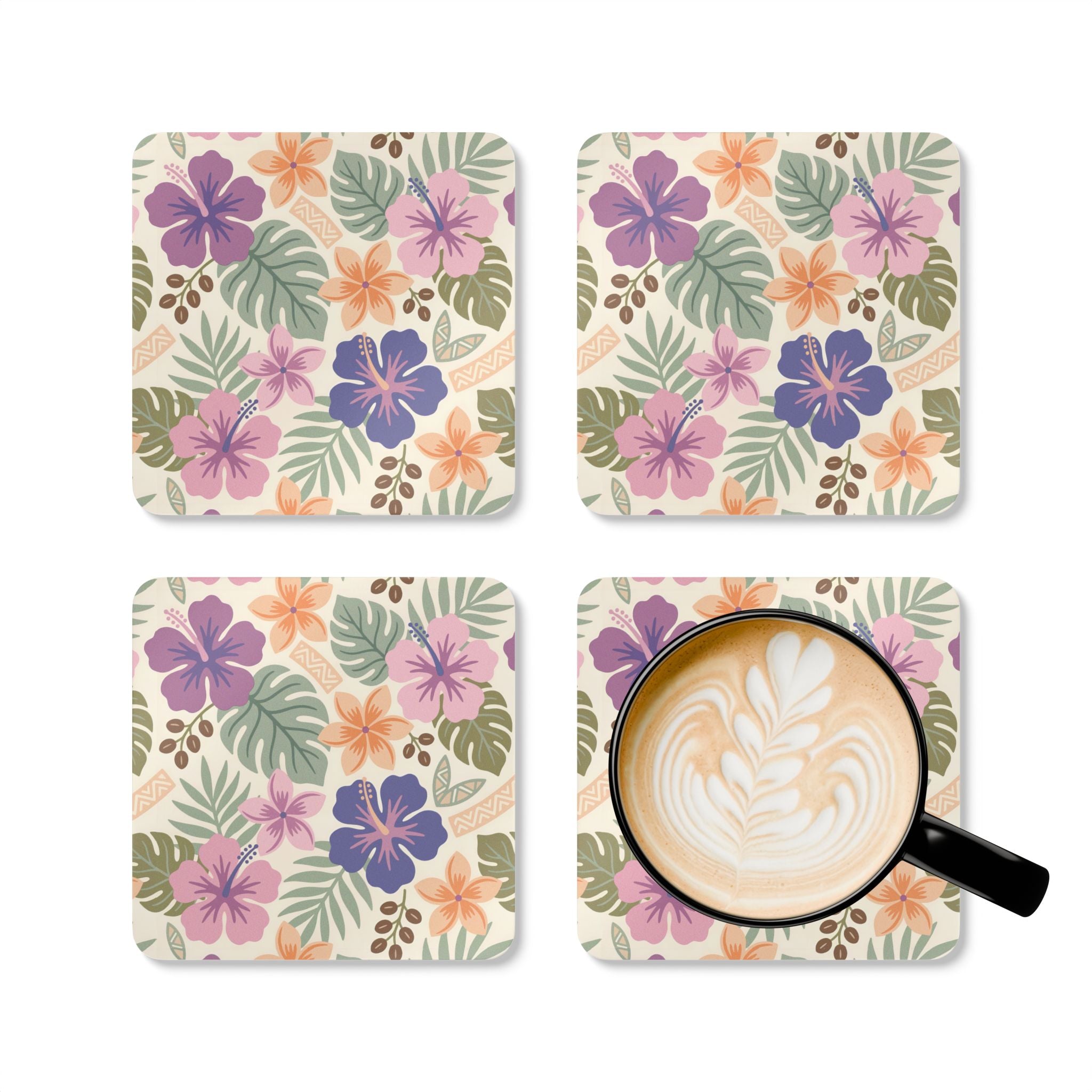 Retro Tropical Tiki Summer, Hawaiian Hibiscus Purple Corkwood Coaster Set - Mid Century Modern Gal