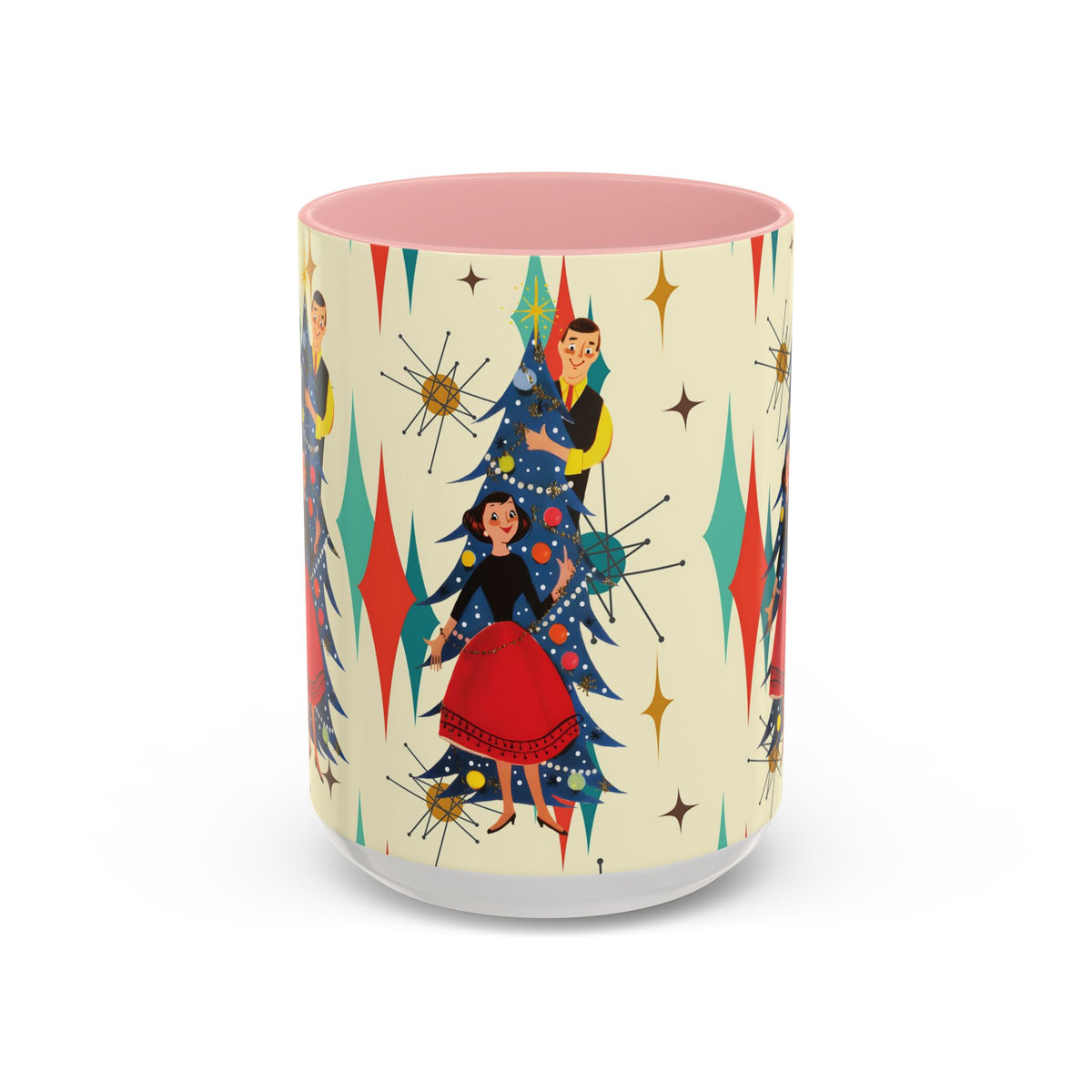 Mid Century Modern 50s Kitsch Christmas coffee mug featuring retro starburst design with festive characters and colors.