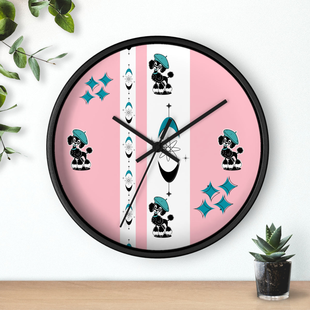 Mid Century Modern Atomic Pink Starburst Wall Clock with Cute Retro Mod Poodle Design - Mid Century Modern Gal