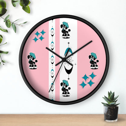 Mid Century Modern Atomic Pink Starburst Wall Clock with Cute Retro Mod Poodle Design - Mid Century Modern Gal