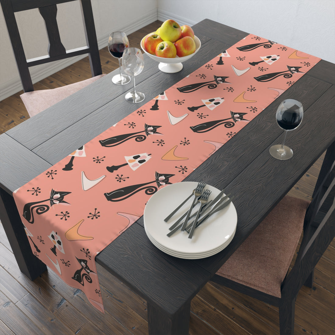 Atomic Cat Table Runner, Coral, Black White Kitties, Boomerang Pattern With Quirky Lamps, Mid Century Modern Table Decor
