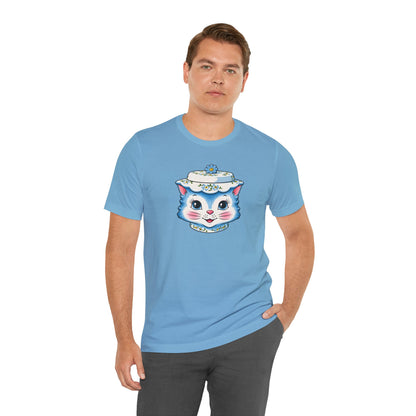 Mid Century Modern Kitschy Anthropomorphic Blue Cat with Floral Hat Unisex T-Shirt