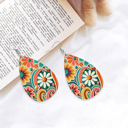 70s Retro Flower Power Groovy Mod Vegan Leather Teardrop Earrings - Mid Century Modern Gal