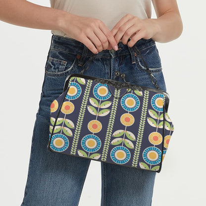 Modern Scandinavian Flower Blue, Orange, Yellow, Green Mid Century Modern Kisslock Crossbody Purse - Mid Century Modern Gal