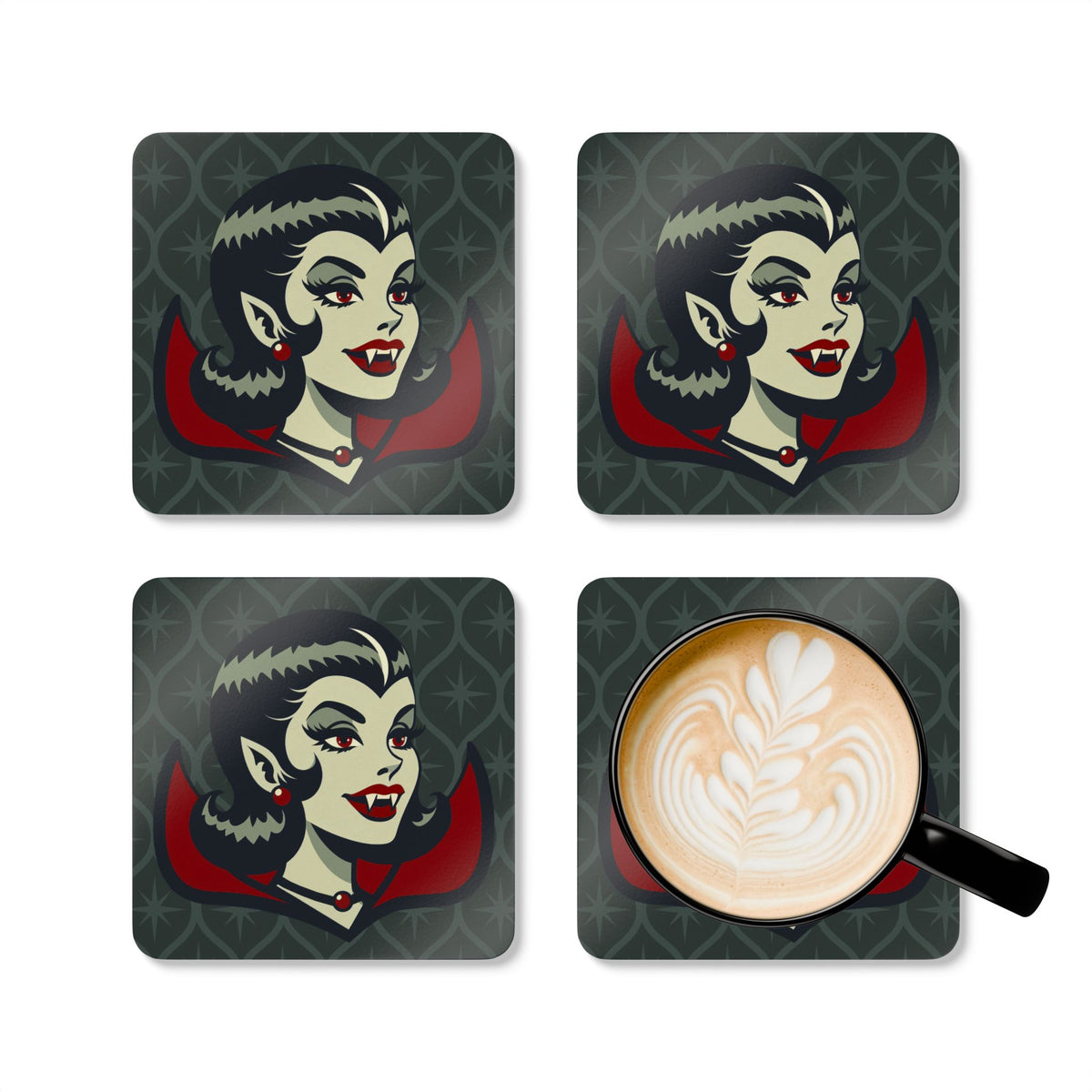 Vampire Dracula Girl Halloween Goth Horror Buff MCM Green Corkwood Coaster Set - Mid Century Modern Gal