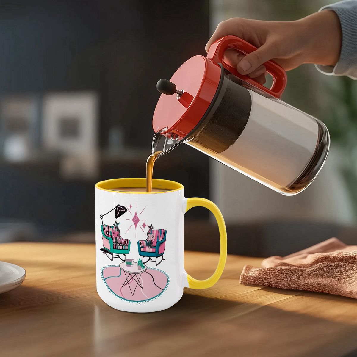 Large colorful mug featuring atomic reading cats in a kitschy mid-century modern design, perfect for coffee or tea.
