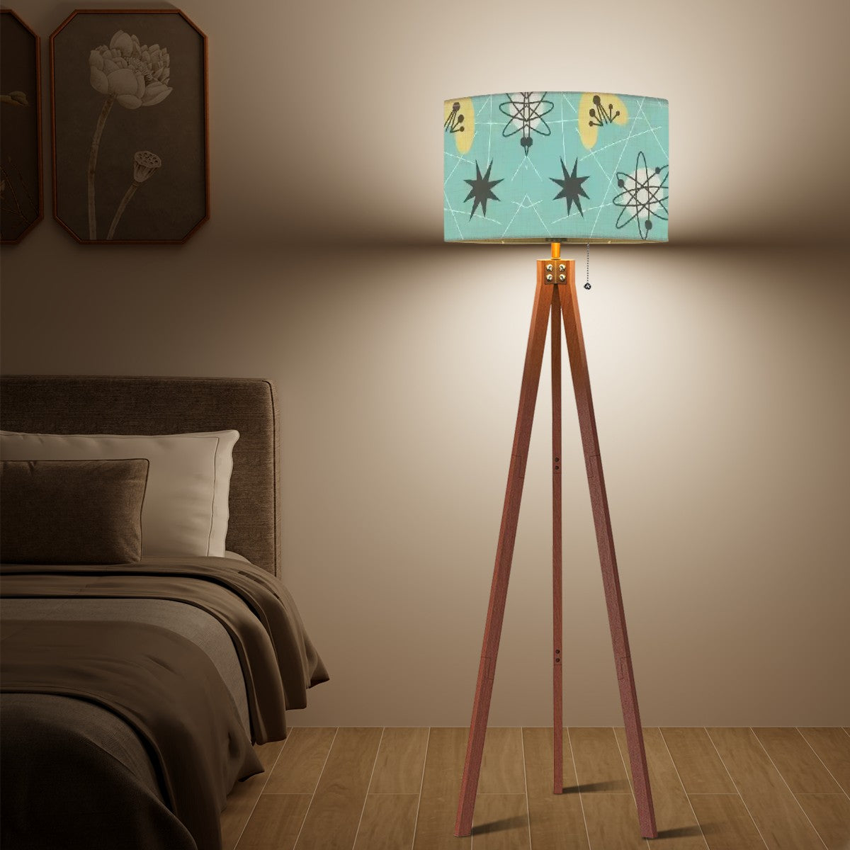 Mid Century Modern Atomic Space Age, Aqua Yellow Starburst Tripod Floor Lamp - Mid Century Modern Gal