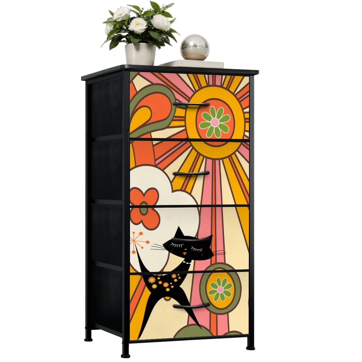 Retro Groovy 70s Sunshine Mid Mod Hippie Vibes and Atomic Cat 4-Drawer Dresser - Mid Century Modern Gal