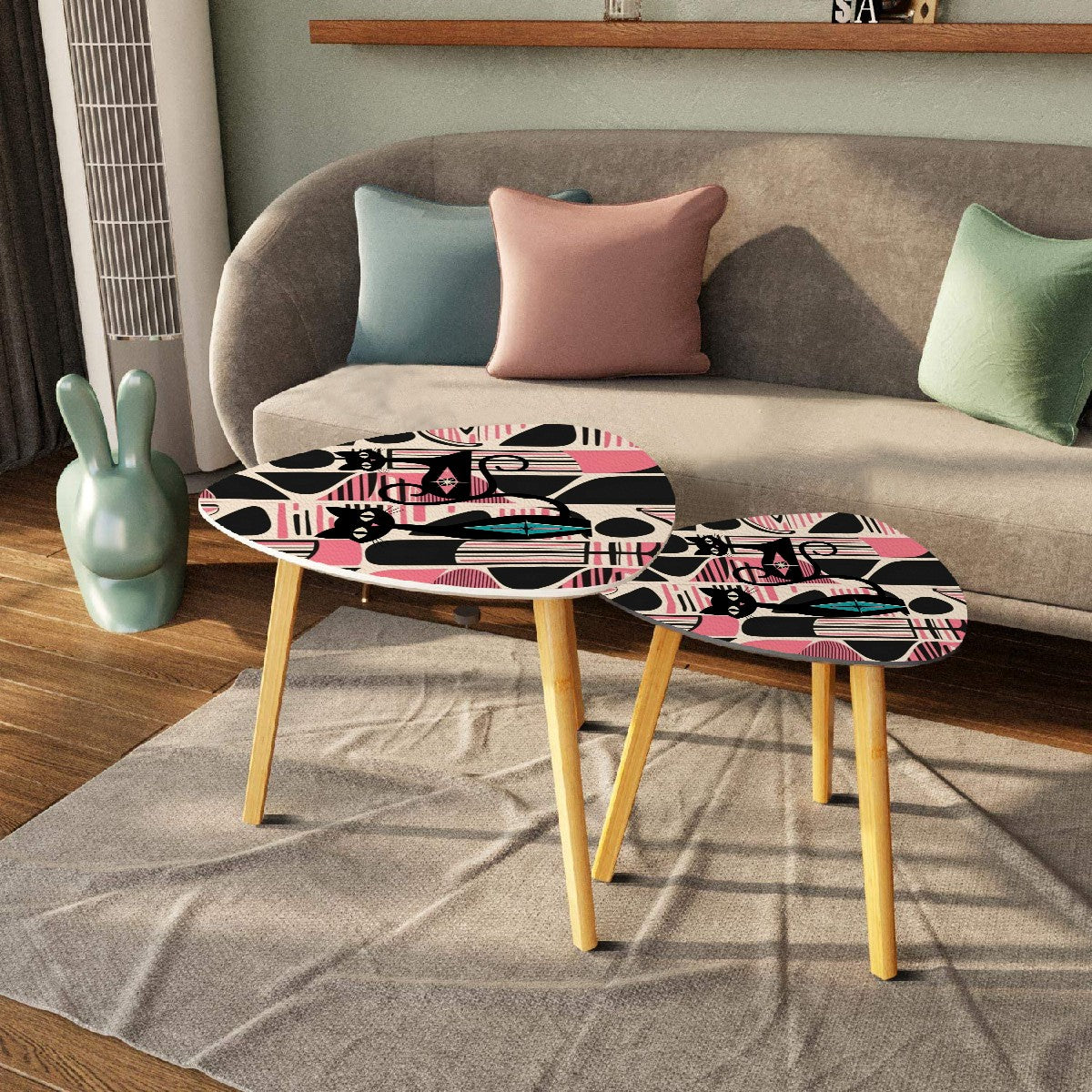 Atomic Cat Mid Mod Nesting Tables, Pink, Black Cream Retro MCM Design - Mid Century Modern Gal