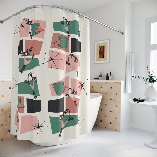 Atomic Cat Shower Curtain Starbursts, Geometric Mid Century Modern Bathroom Decor