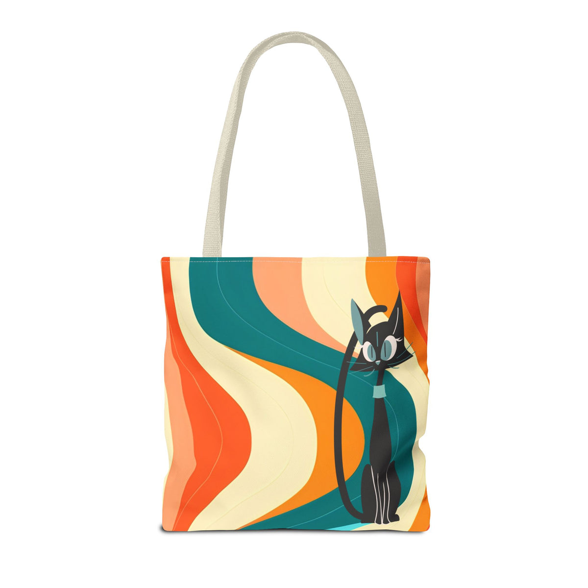 Atomic Cat Mid Mod Groovy Tote Bag featuring a playful cat design with vibrant retro waves in teal, orange, and cream.