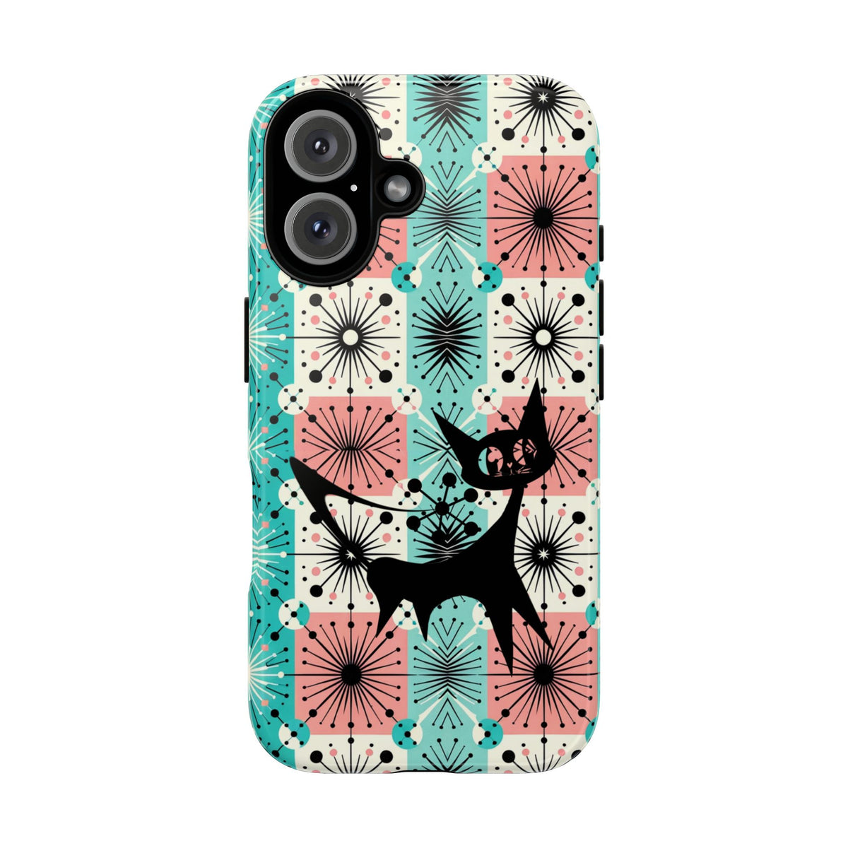 Atomic Kitschy Cat, Mid Century Modern Pink, Aqua Starbursts Tough Phone Case