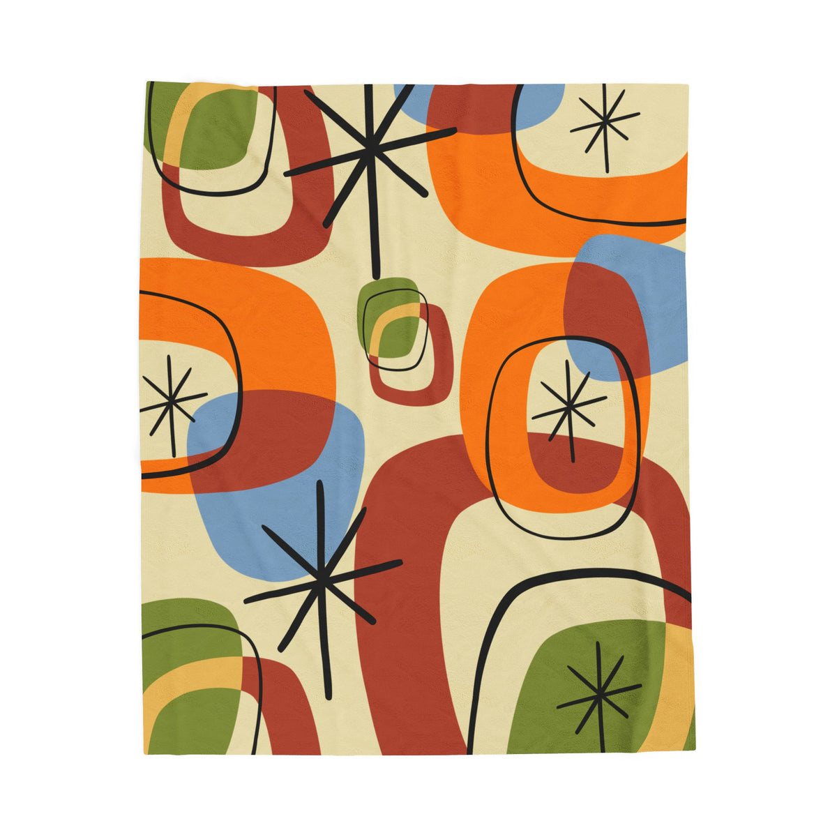 Retro Geo Pattern THIN Cozy, Warm Mid Century Modern Groovy Green, Orange, Blue, Black, Light Beige Background Velveteen Plush Blanket - Mid Century Modern Gal