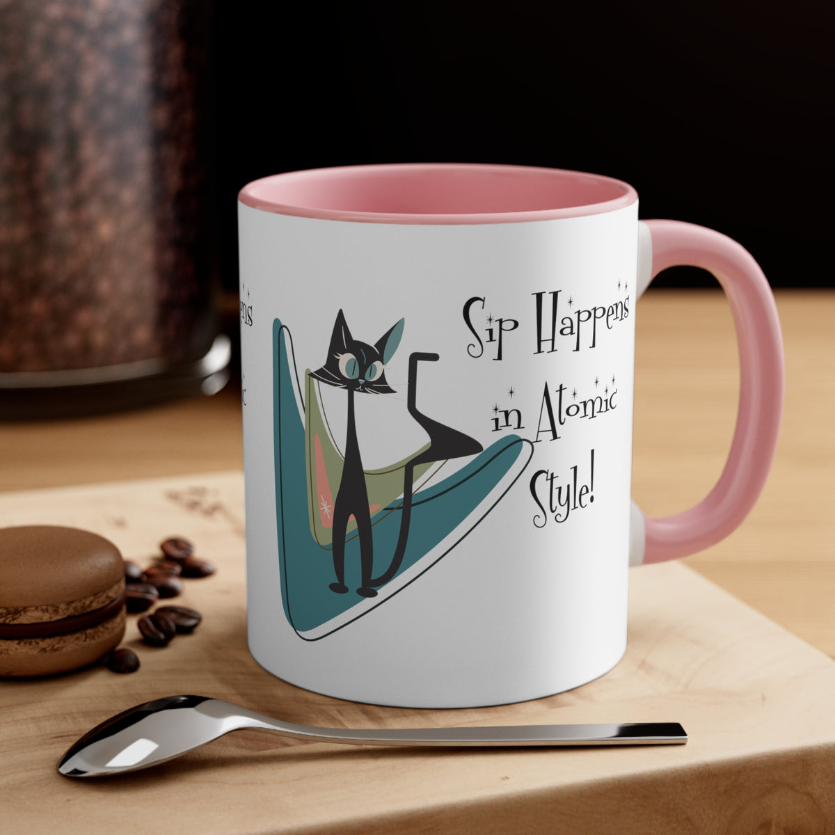 Atomic Cat, Mid Century Modern Drinkware, Coffee Mug, Sip Happens, Retro Boomerang, Kitschy Funny Coffee Lover Gifts - Mid Century Modern Gal