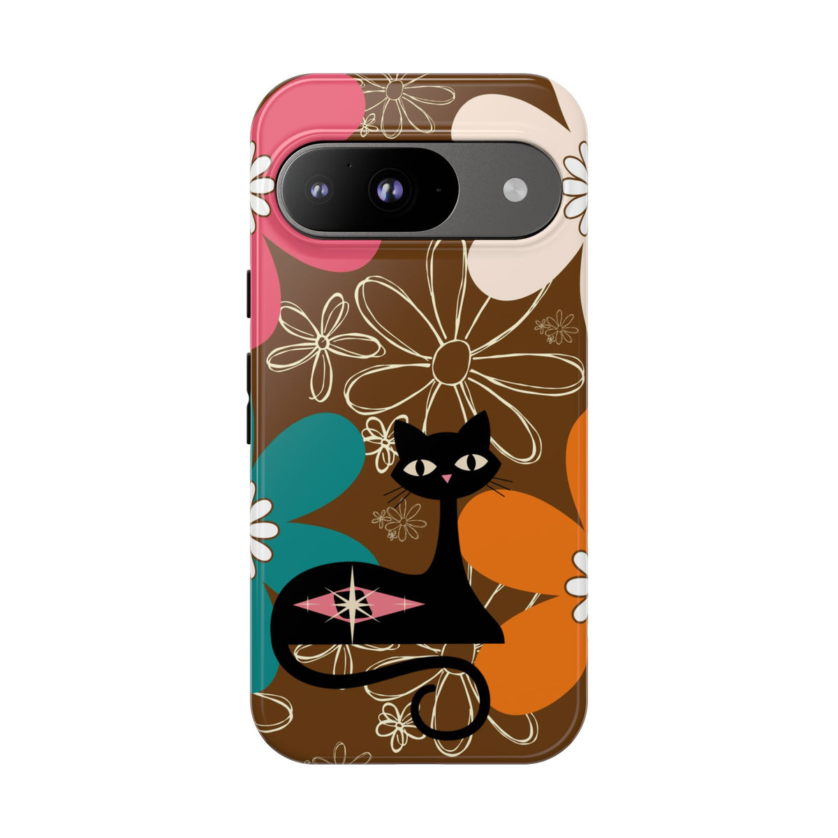 Atomic Cat Retro 70s Vibe Flower Power Tough Cases: Cute Floral and Cat Phone Case for Cat Lovers