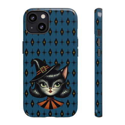 Vintage Halloween Black Cat Sexy Sexton Mid Century Modern Blue Tough Phone Case