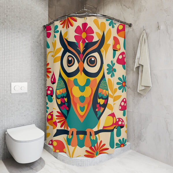 Retro 70s Groovy Owl, Mushroom Colorful Owl Shower Curtain - Vibrant Floral Design for Bathroom Decor