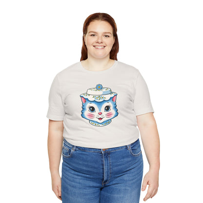 Mid Century Modern Kitschy Anthropomorphic Blue Cat with Floral Hat Unisex T-Shirt