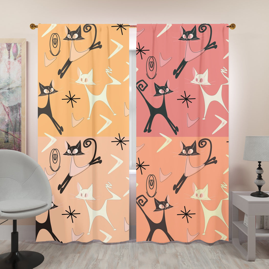 Atomic Cat, Kitschy Whimsical Patchwork Mid Mod Window Curtains (two panels)Window Curtains (two panels)