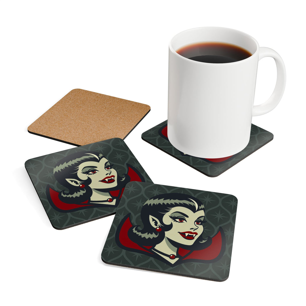 Vampire Dracula Girl Halloween Goth Horror Buff MCM Green Corkwood Coaster Set - Mid Century Modern Gal