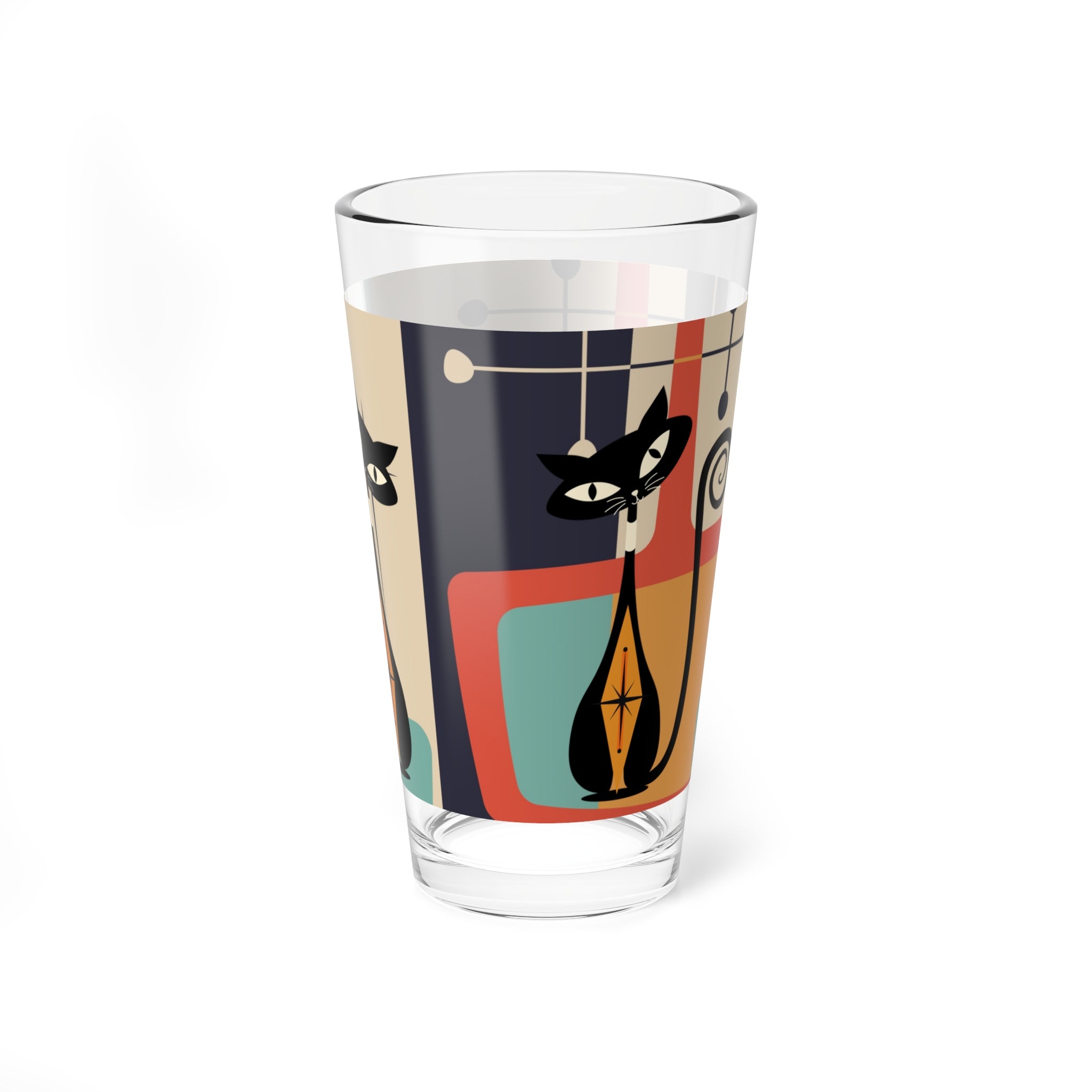 Atomic Kitschy Black Cat Pint Glass, Mid Century Modern Retro MCM Barware