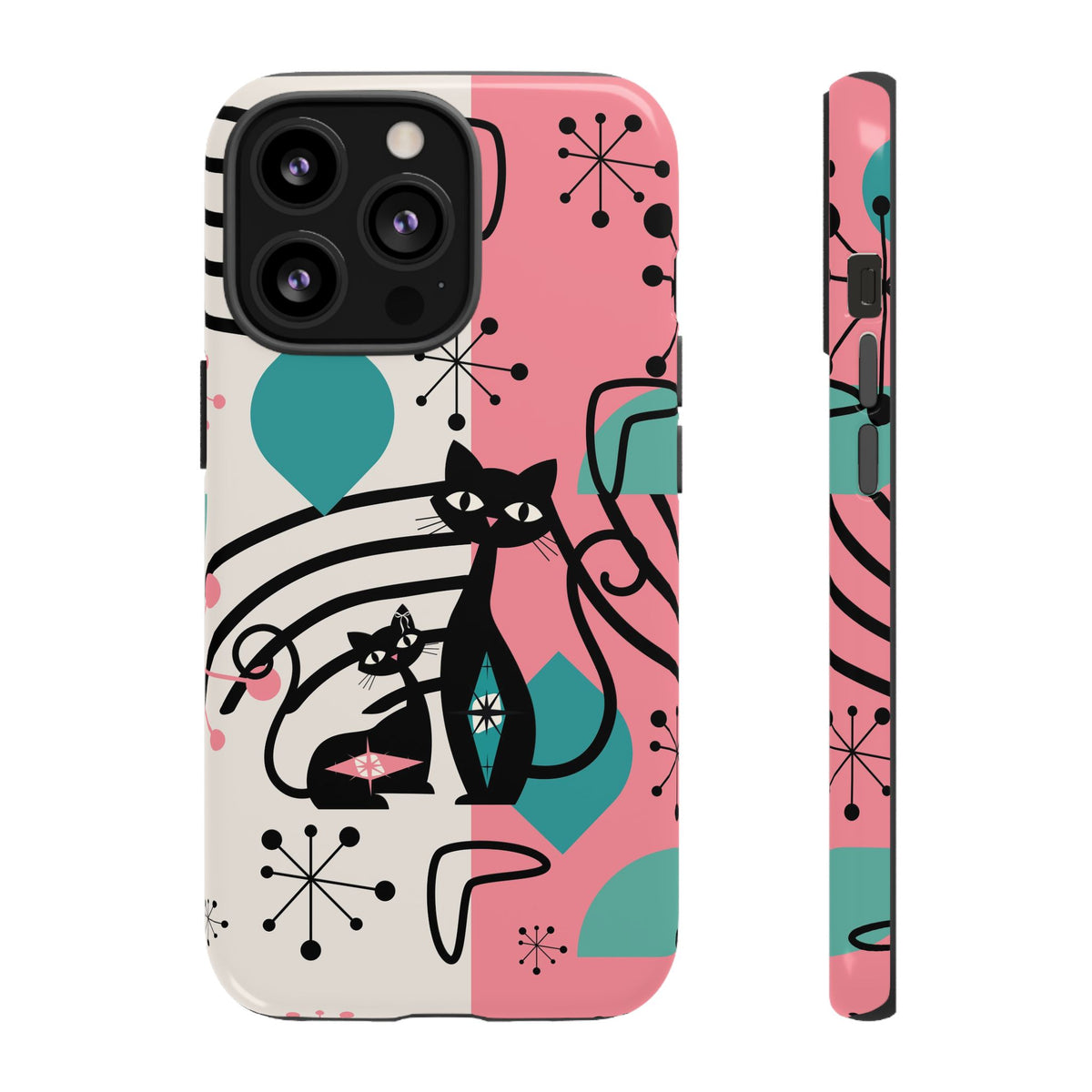 Mid Mod Atomic Cat Boomerang Starburst, Pink, Black Kitschy Stylish Cat Phone Case: Modern Design for Cat Lovers